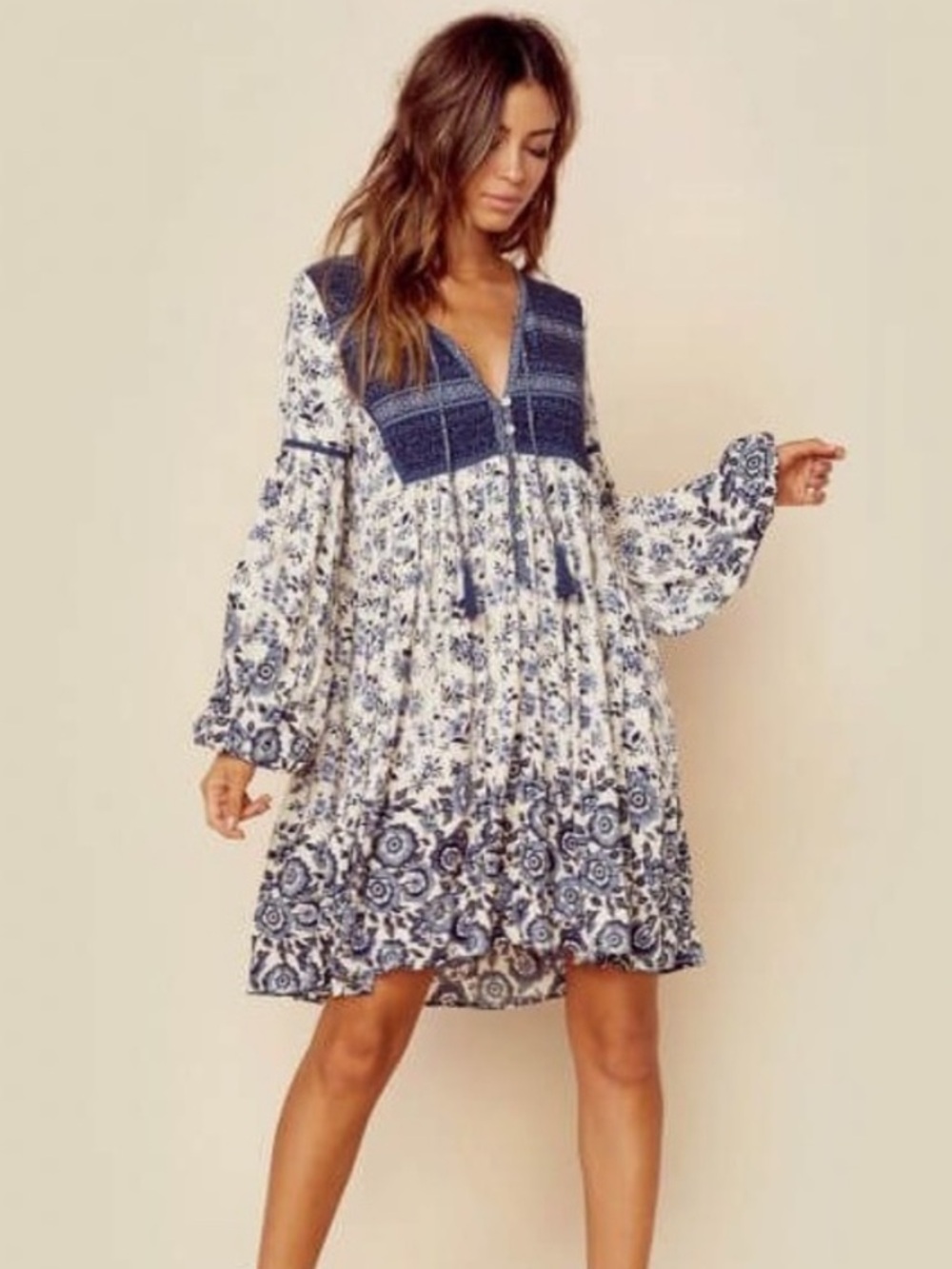 Spell & the Gypsy Collective Elle Boho Mini Dress Blue White Mixed Print XL